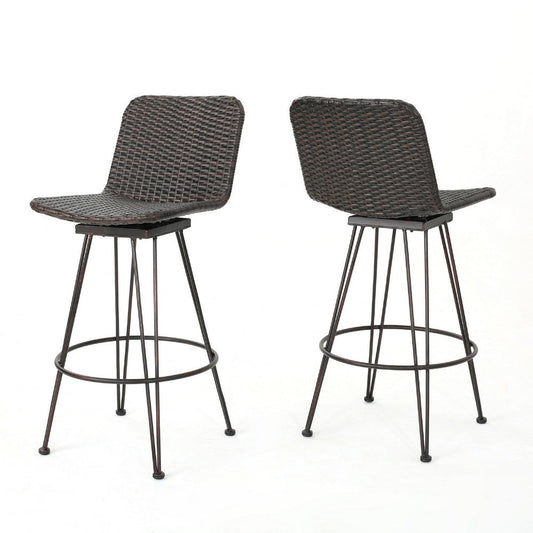 Outdoor Bar Height Chair Set of 2 | Brown Rattan | Industrial Metal