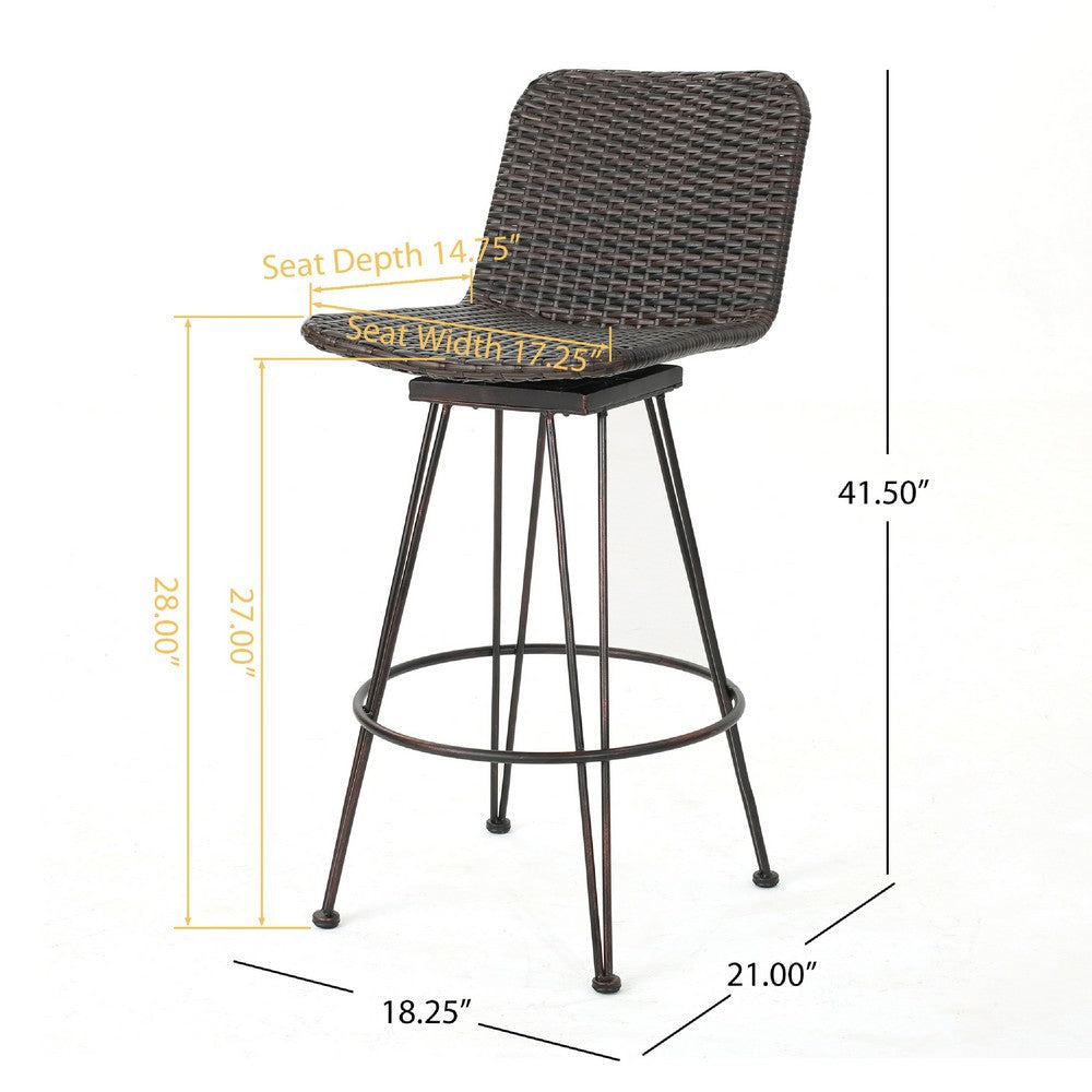 Outdoor Bar Height Chair Set of 2 | Brown Rattan | Industrial Metal BM335474