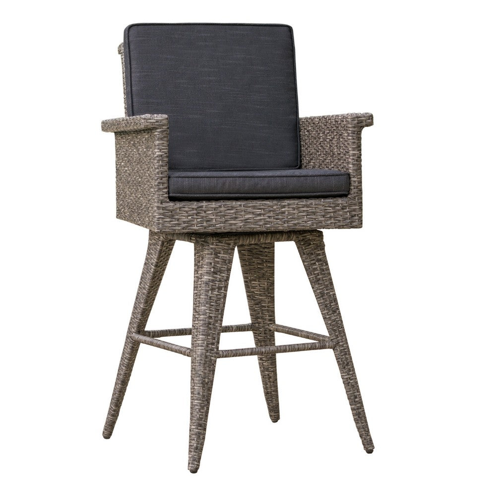 Outdoor Barstool Chair, Gray Black Wicker Rattan, Polyester Cushions
