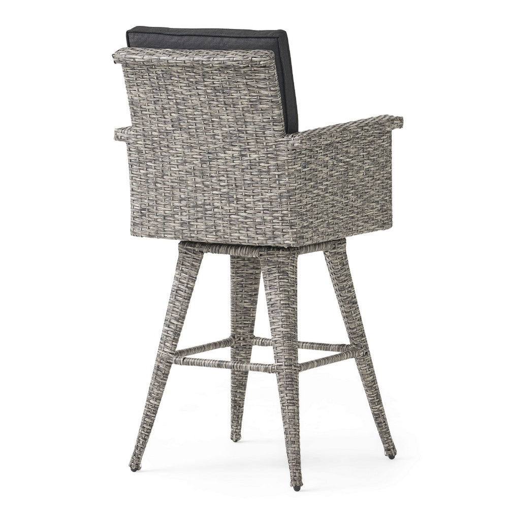 Outdoor Barstool Chair, Gray Black Wicker Rattan, Polyester Cushions
