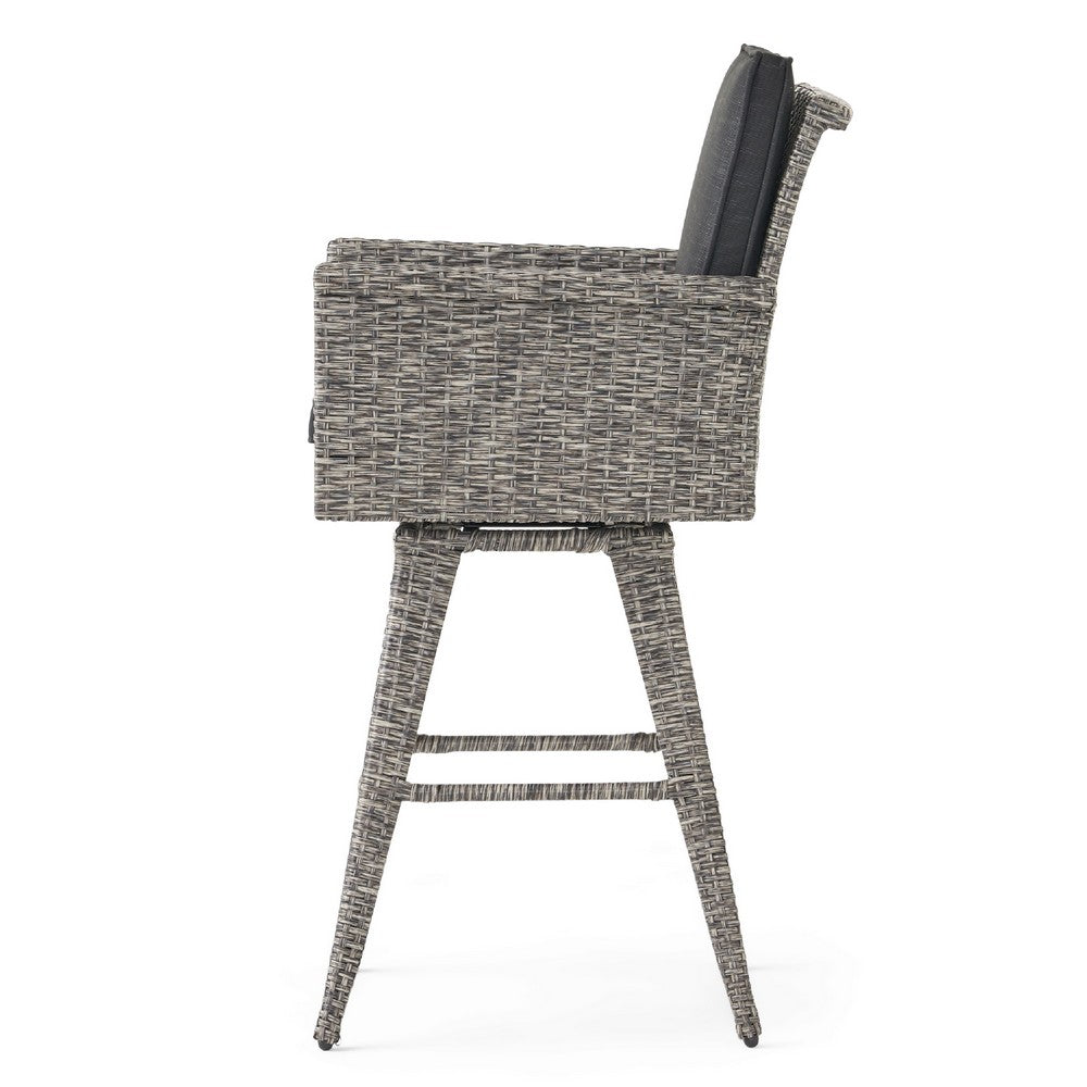 Outdoor Barstool Chair, Gray Black Wicker Rattan, Polyester Cushions
