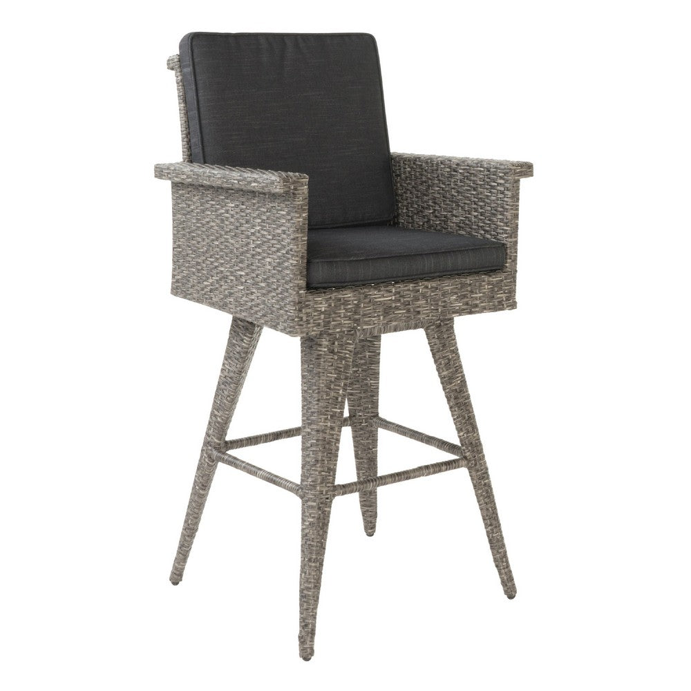 Outdoor Barstool Chair, Gray Black Wicker Rattan, Polyester Cushions