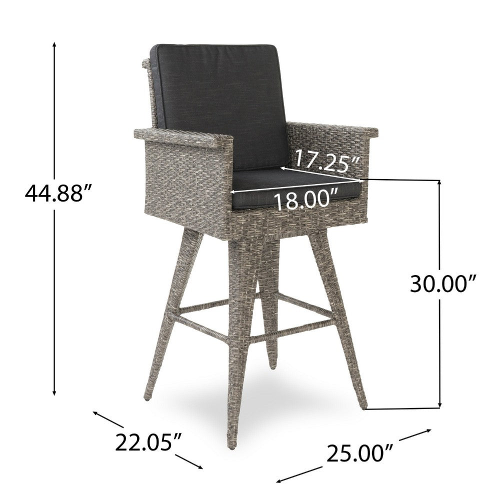 Outdoor Barstool Chair, Gray Black Wicker Rattan, Polyester Cushions