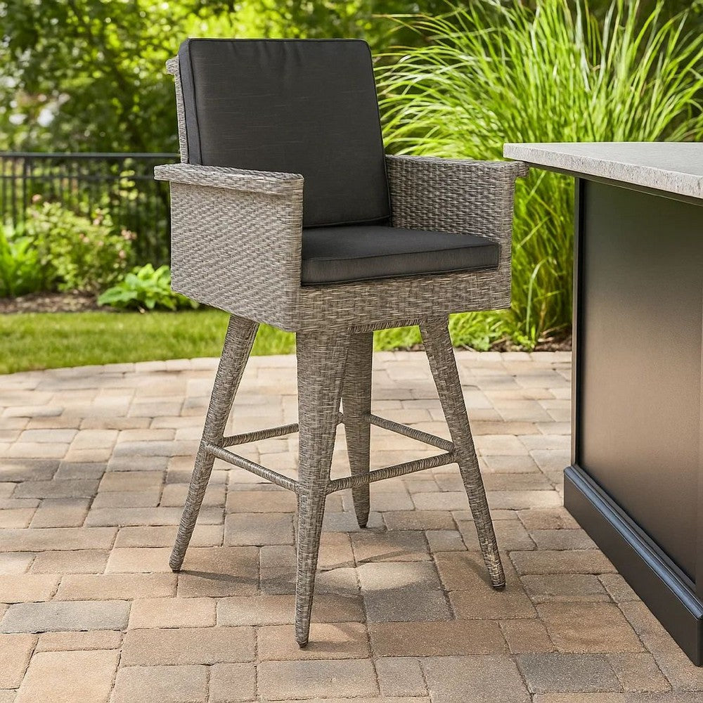 Outdoor Barstool Chair, Gray Black Wicker Rattan, Polyester Cushions