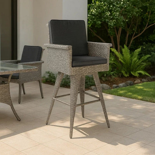 Outdoor Barstool Chair, Gray Black Wicker Rattan, Polyester Cushions