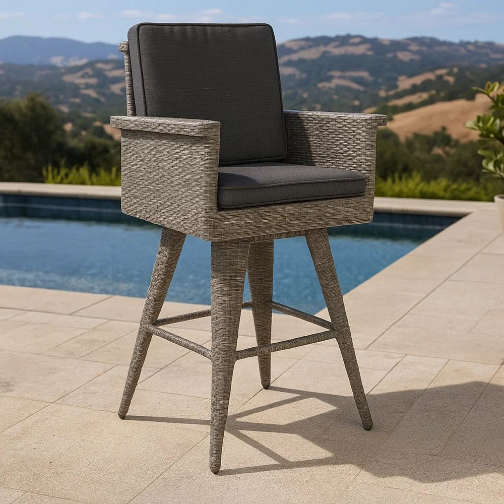 Outdoor Barstool Chair, Gray Black Wicker Rattan, Polyester Cushions