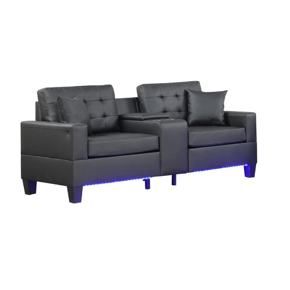 Iris Sofa with LED | USB Ports | Cupholders | Black Faux Leather 85"