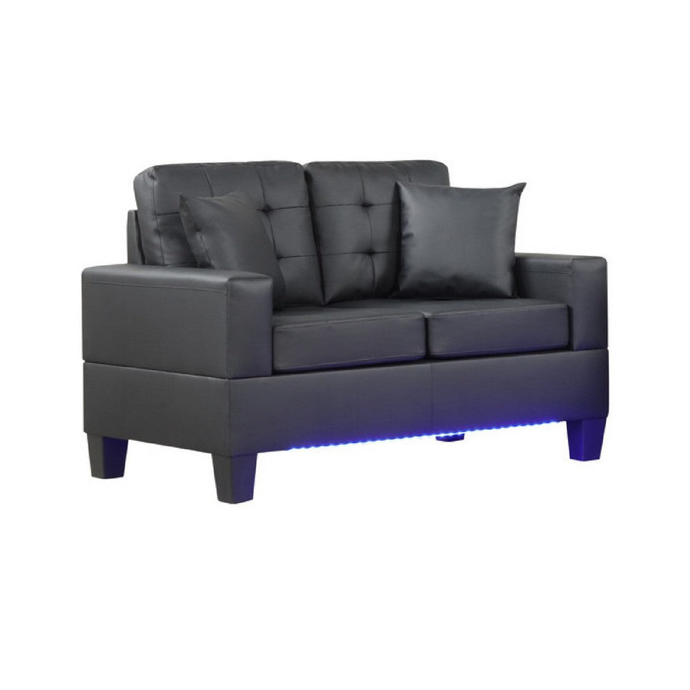 Iris Loveseat | 2 Pillows | LED | USB Ports | Black Faux Leather | 56"