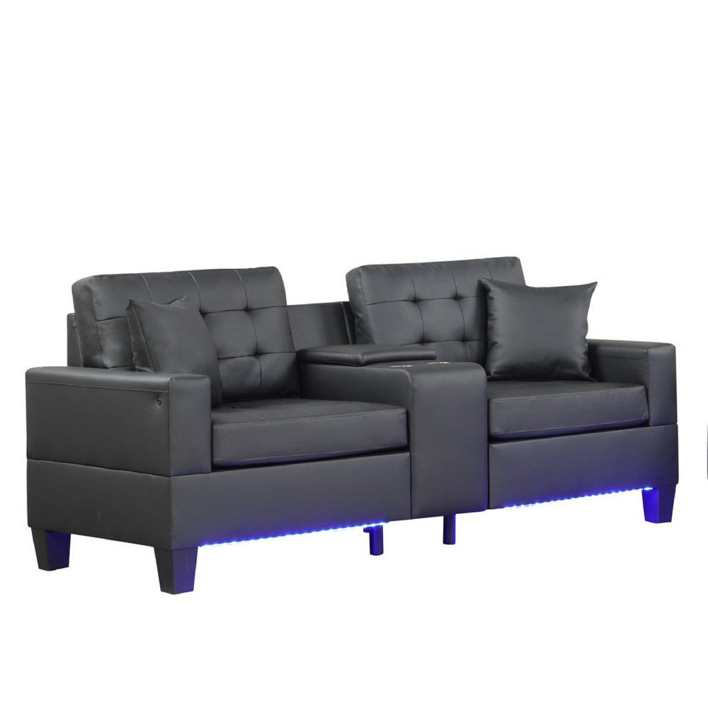 Iris Sofa and Loveseat Set LED USB Cupholders | Black Faux Leather BM335479