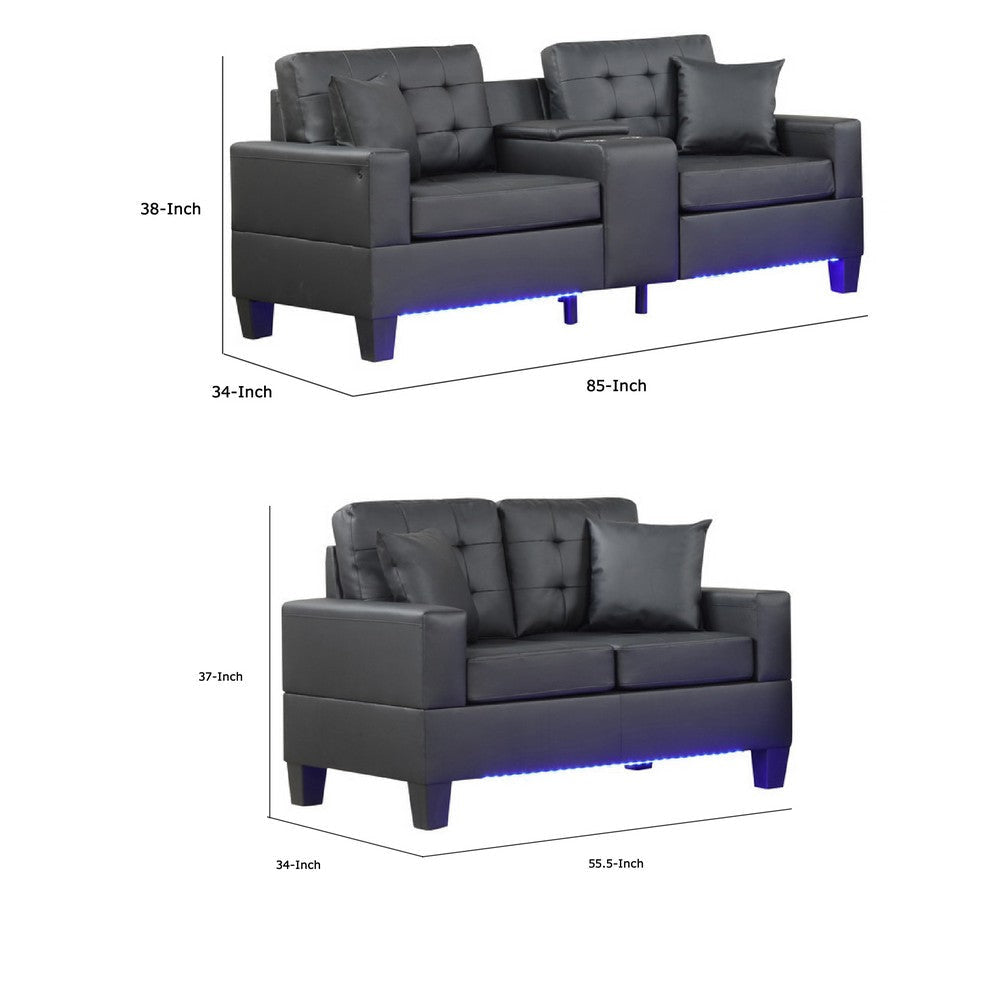 Iris Sofa and Loveseat Set LED USB Cupholders | Black Faux Leather BM335479
