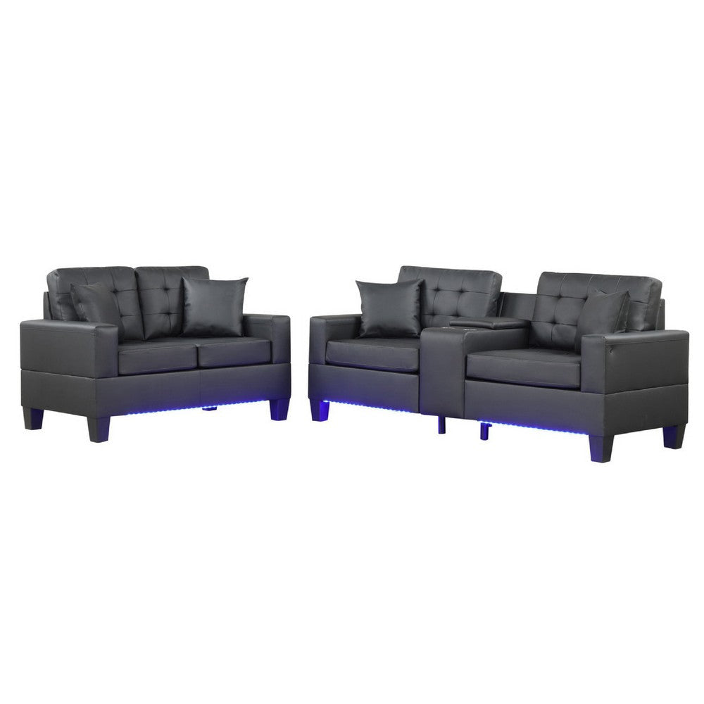 Iris Sofa and Loveseat Set, LED, USB, Cupholders | Black Faux Leather