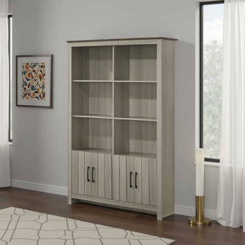Nena Bookcase with 6 Shelves and 4 Cabinet Doors | Gray Wood 71"