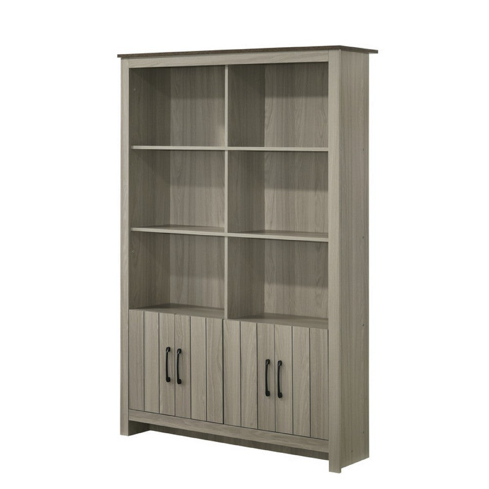 Nena Bookcase with 6 Shelves and 4 Cabinet Doors | Gray Wood 71"
