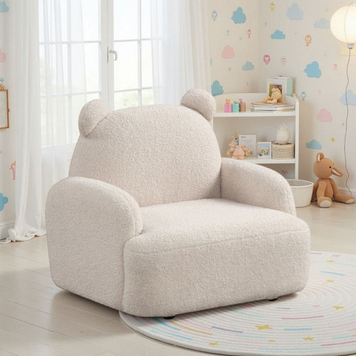 Raye Bear Shaped Kids Armchair with Black Legs | Beige Teddy Velvet