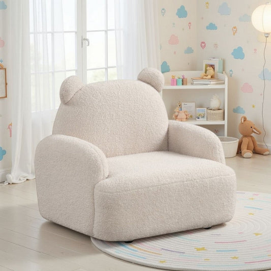 Raye Bear Shaped Kids Armchair with Black Legs | Beige Teddy Velvet