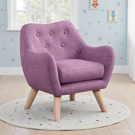 Binie Kids Chair w Wood Angled Legs, Pink Purple Button Tufted Linen