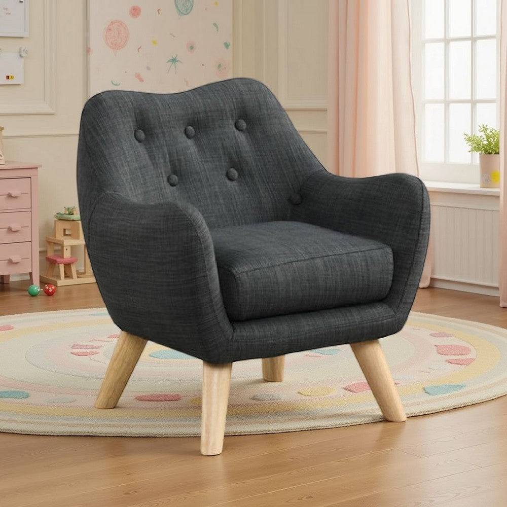 Binie Kids Chair with Wood Angled Legs | Gray Button Tufted Linen