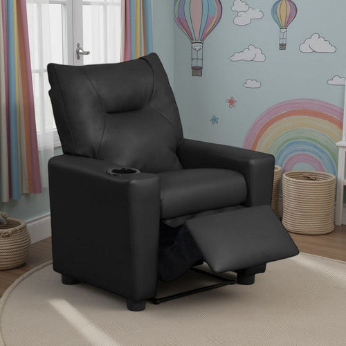 Chang Kids Recliner Chair | Built In Cupholder | Black Faux Leather