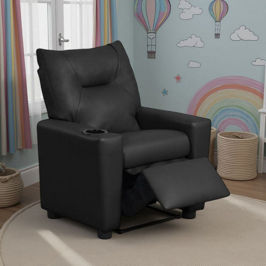 Chang Kids Recliner Chair | Built In Cupholder | Black Faux Leather