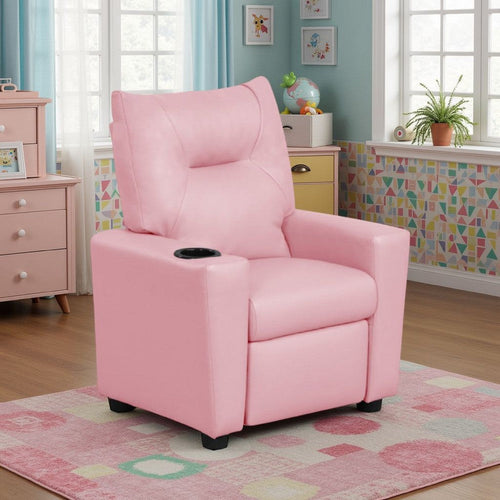Chang Kids Recliner Chair | Built In Cupholder | Pink Faux Leather