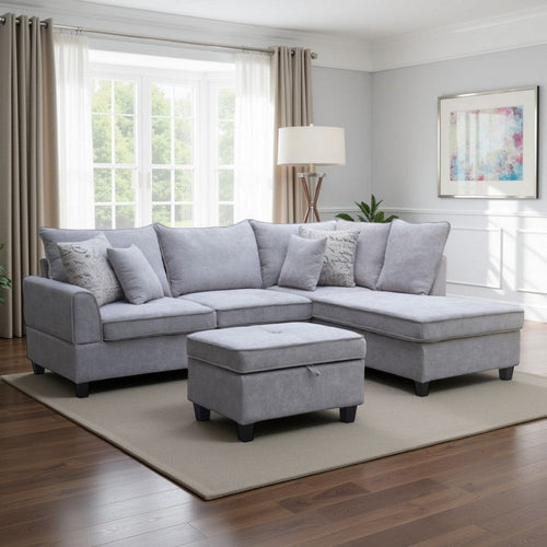 Kyna Sectional Sofa | 4 Pillows | Left Chaise | Storage Ottoman | Gray