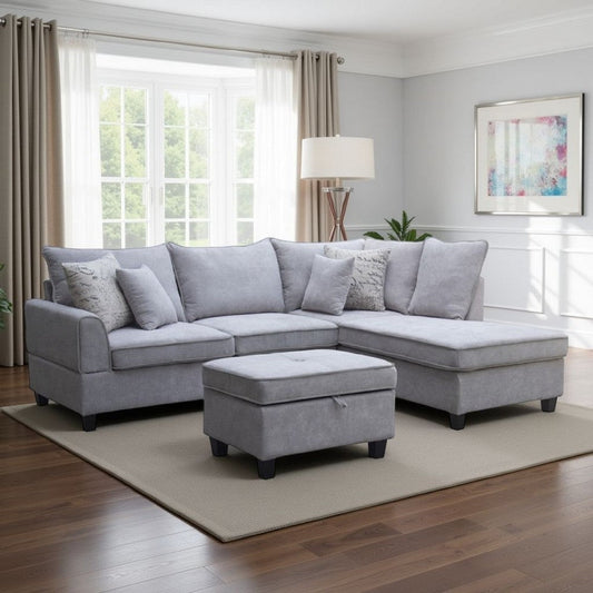 Kyna Sectional Sofa | 4 Pillows | Left Chaise | Storage Ottoman | Gray