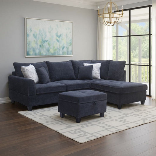 Kyna Sectional Sofa | 4 Pillows | Left Chaise | Storage Ottoman Black