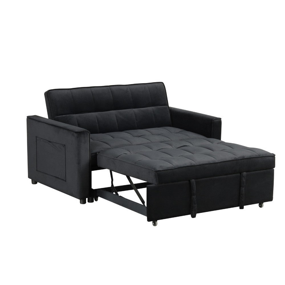 Marve Convertible Sleeper Loveseat | Side Pockets | Black Velvet 54’’ BM335516