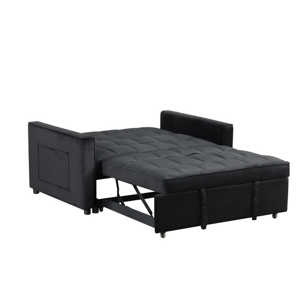 Marve Convertible Sleeper Loveseat | Side Pockets | Black Velvet 54’’ BM335516