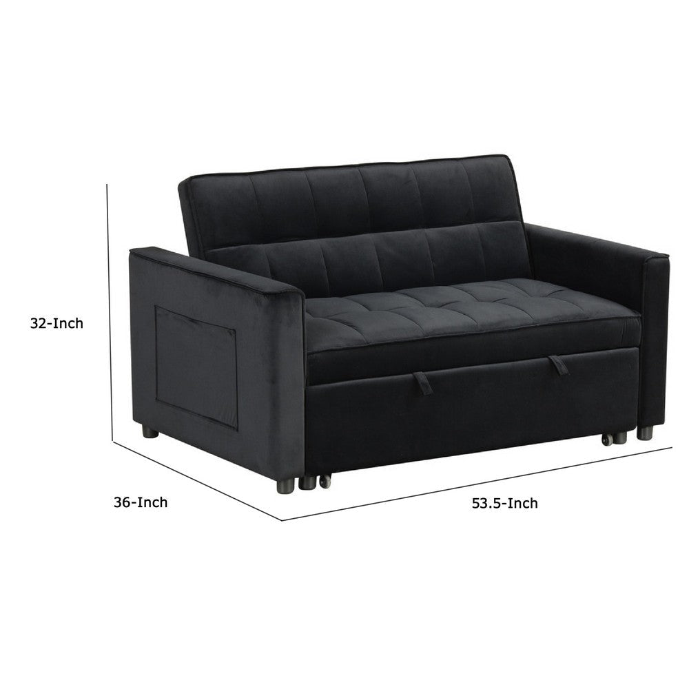 Marve Convertible Sleeper Loveseat | Side Pockets | Black Velvet 54’’ BM335516