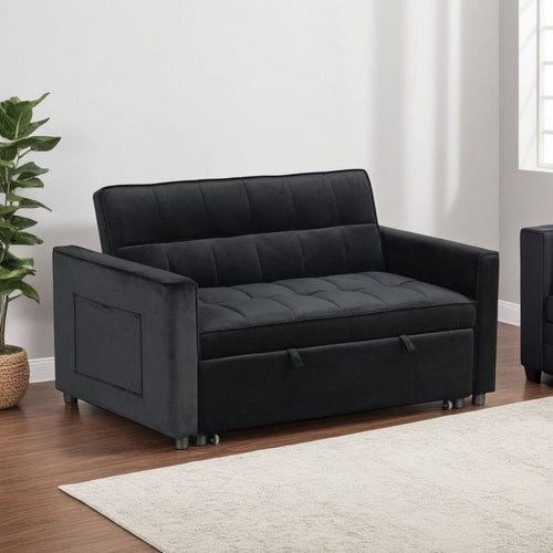 Marve Convertible Sleeper Loveseat | Side Pockets | Black Velvet 54"