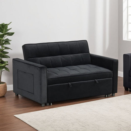 Marve Convertible Sleeper Loveseat | Side Pockets | Black Velvet 54"