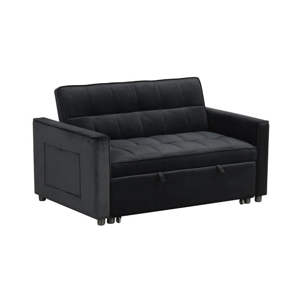 Marve Convertible Sleeper Loveseat | Side Pockets | Black Velvet 54"