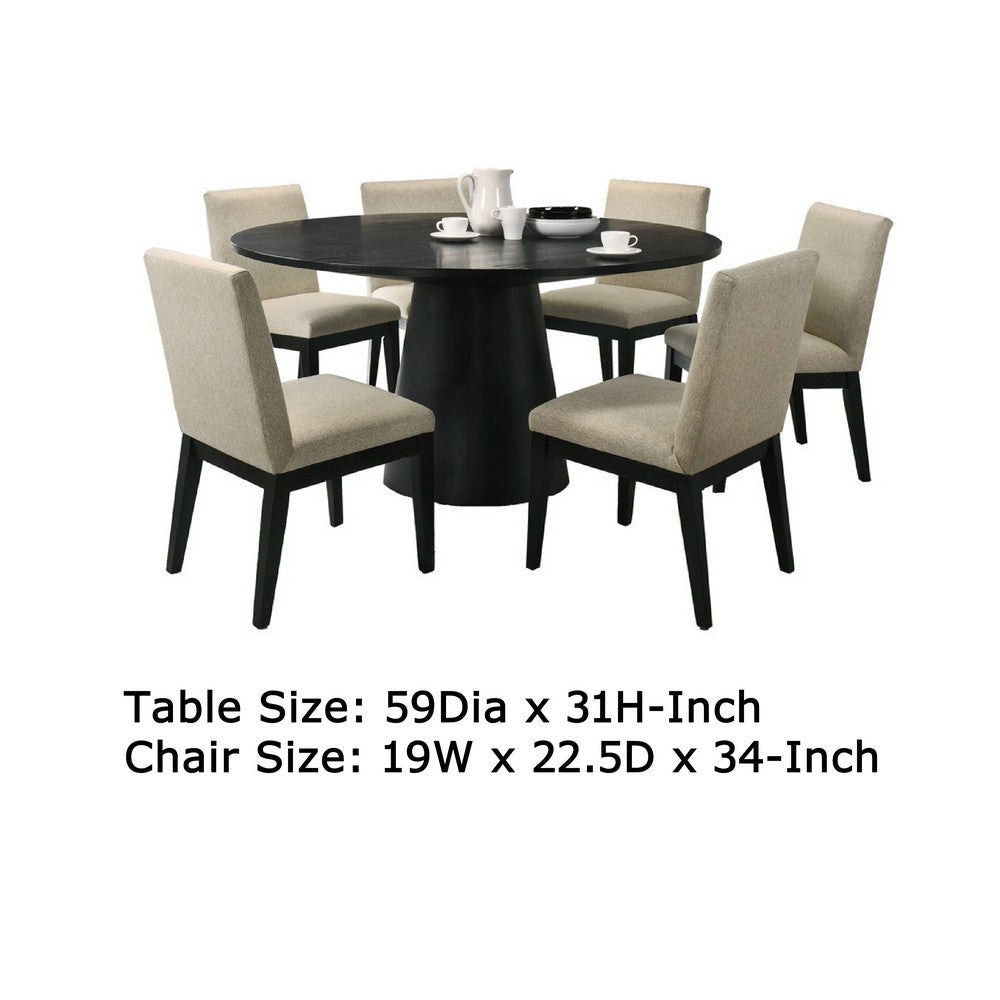 Bili 7pc Round Dining Table Set with 6 Beige Chairs | Black Wood BM335517