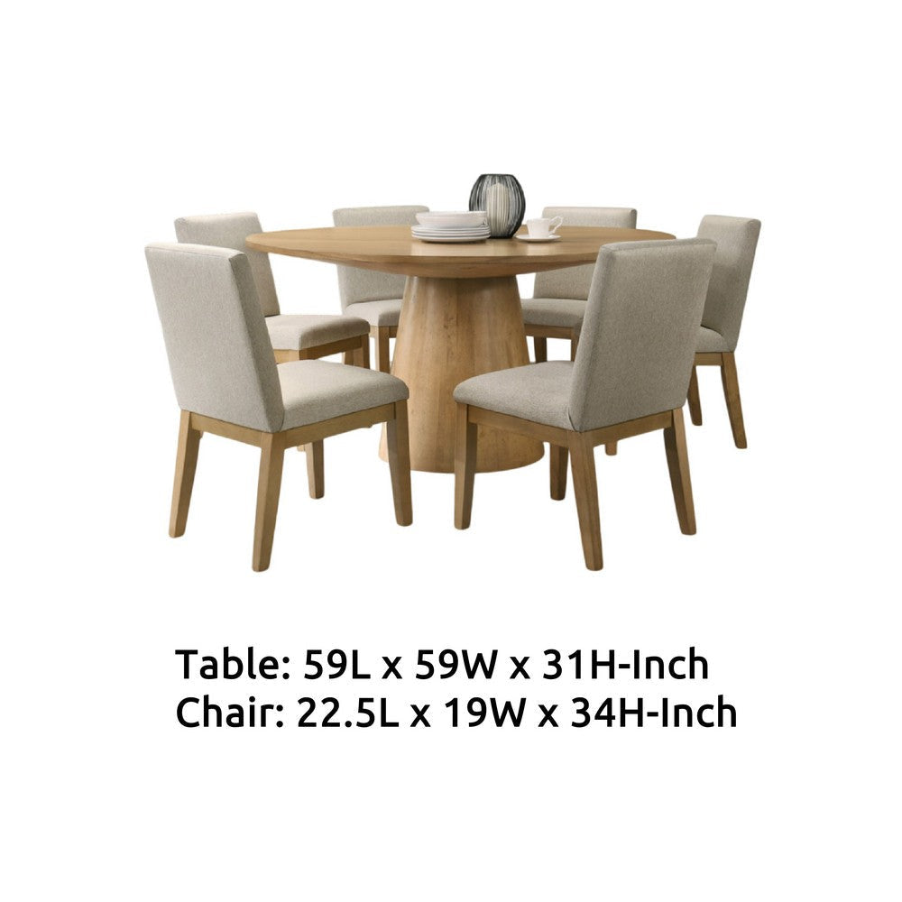 Bili 7pc Round Dining Table Set w 6 Beiige Chairs | Brown Solid Wood
