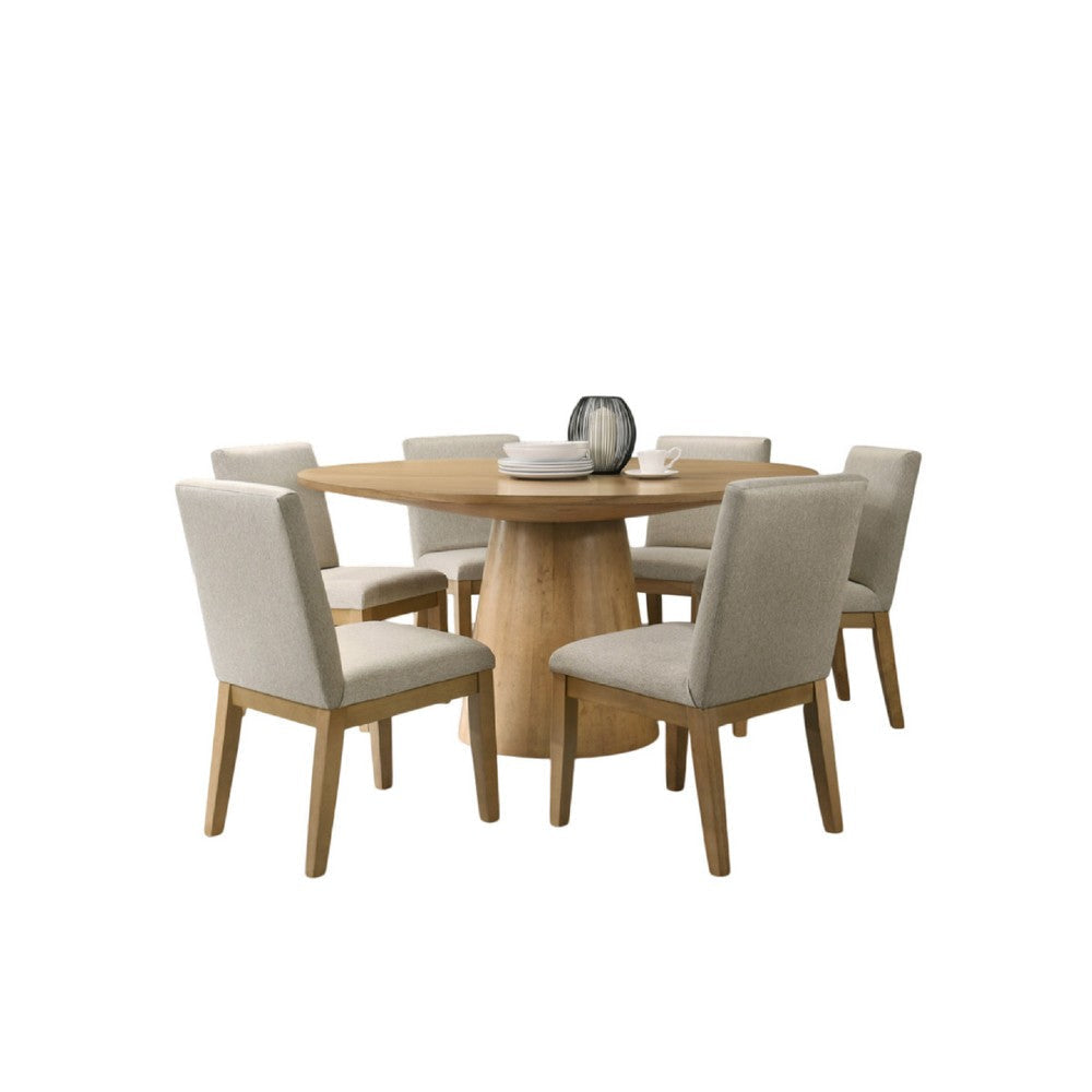 Bili 7pc Round Dining Table Set w 6 Beiige Chairs | Brown Solid Wood