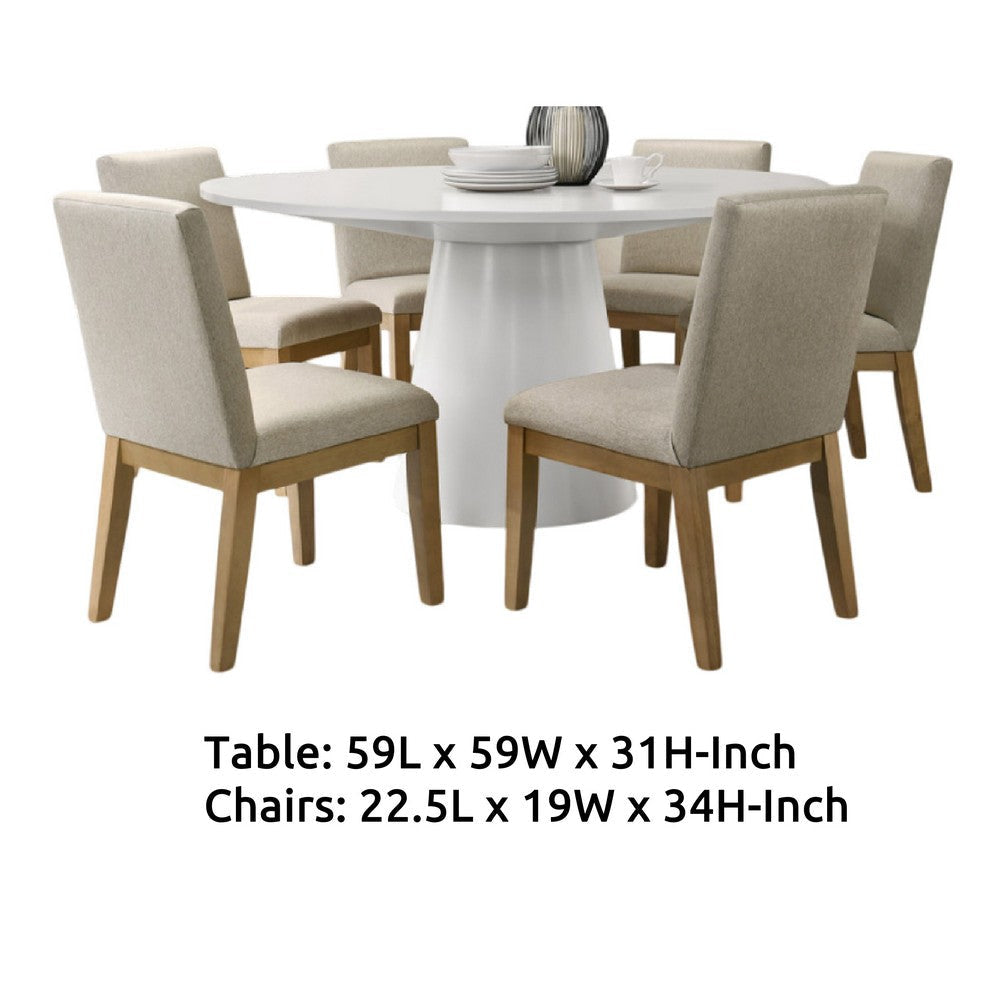Bili 7pc Round Dining Table Set with 6 Beige Chairs | Brown White Wood