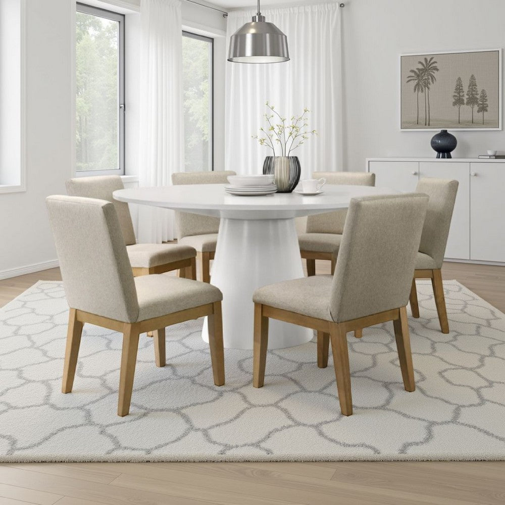 Bili 7pc Round Dining Table Set with 6 Beige Chairs | Brown White Wood