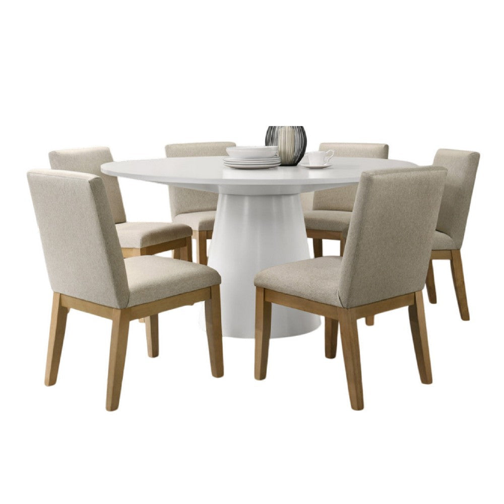 Bili 7pc Round Dining Table Set with 6 Beige Chairs | Brown White Wood