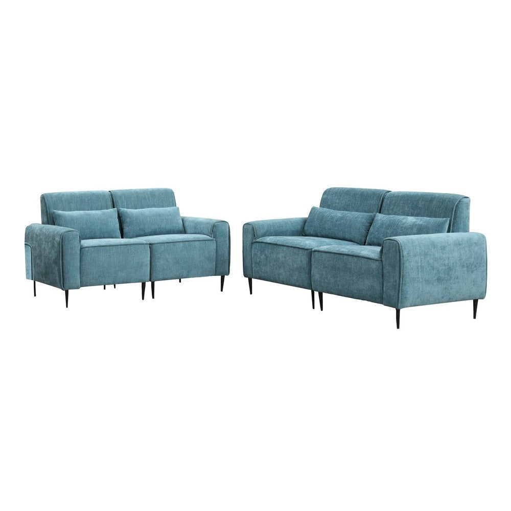 Tiu 2pc Sofa | Loveseat Set | 4 Pillows | Black Metal | Blue Chenille