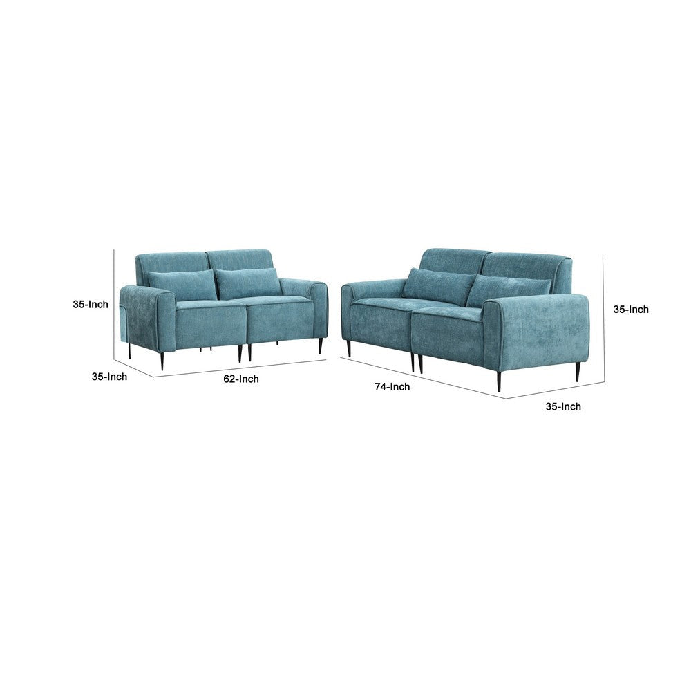 Tiu 2pc Sofa | Loveseat Set | 4 Pillows | Black Metal | Blue Chenille