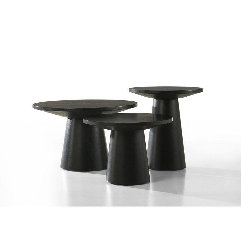 Bili 3pc Round Coffee | End and Console Table Set | Ebony Black Wood BM335528
