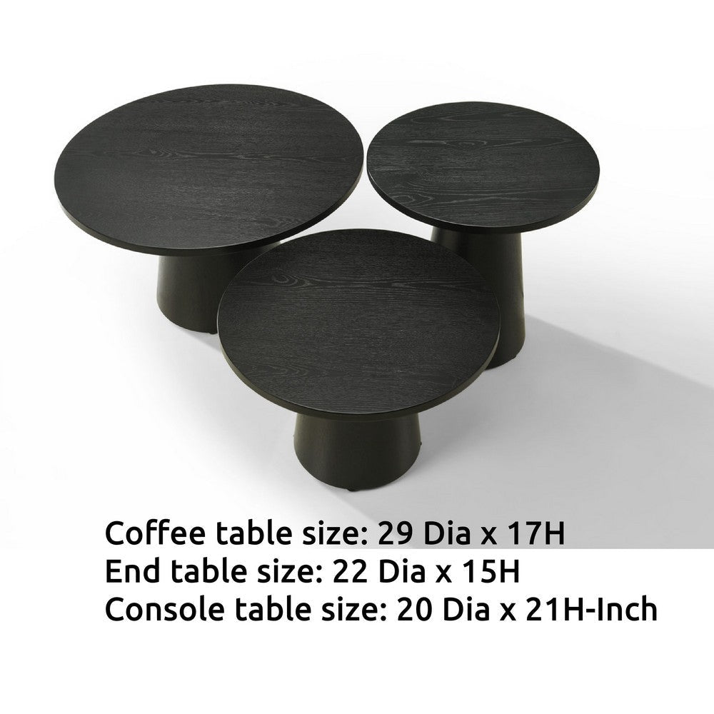 Bili 3pc Round Coffee | End and Console Table Set | Ebony Black Wood BM335528