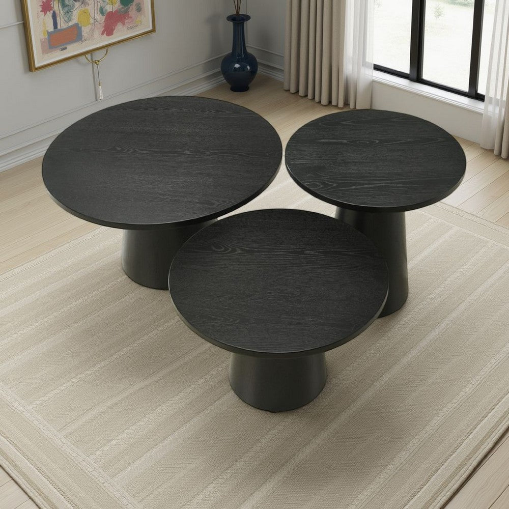 Bili 3pc Round Coffee | End and Console Table Set | Ebony Black Wood