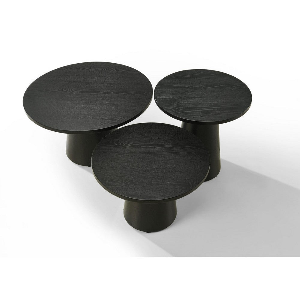 Bili 3pc Round Coffee | End and Console Table Set | Ebony Black Wood