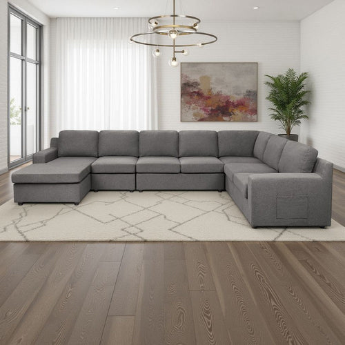 Cas Right Facing 7 Seater U Shaped Sectional Sofa Chaise | Gray Linen