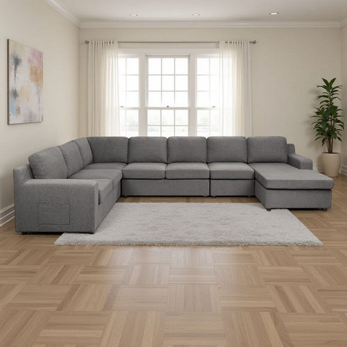 Cas Left Facing 7 Seater U Shaped Sectional Sofa Chaise | Gray Linen