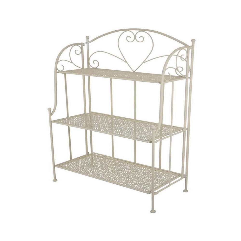 Modern Plant Stand with 3 Tier Shelves | Scrolled Floral White Metal BM335553