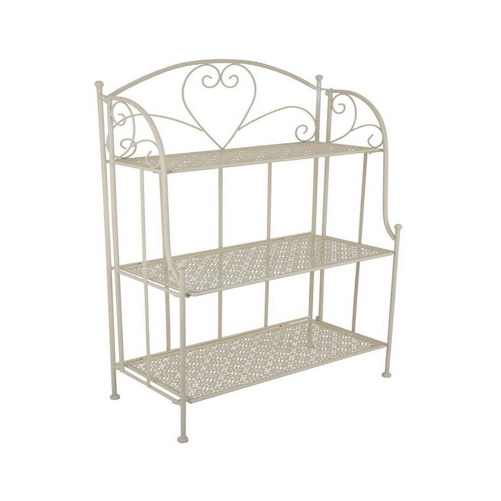 Modern Plant Stand with 3 Tier Shelves | Scrolled Floral White Metal