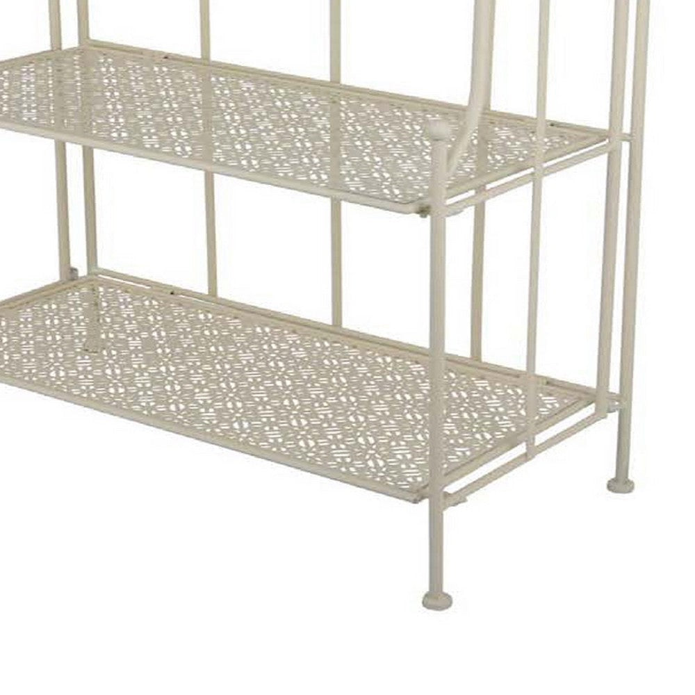 Modern Plant Stand with 3 Tier Shelves | Scrolled Floral White Metal BM335553